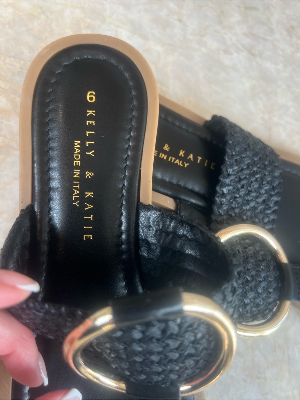 Kelly & Katie Black Woven Toe-Ring Sandals‎ with Gold Rings